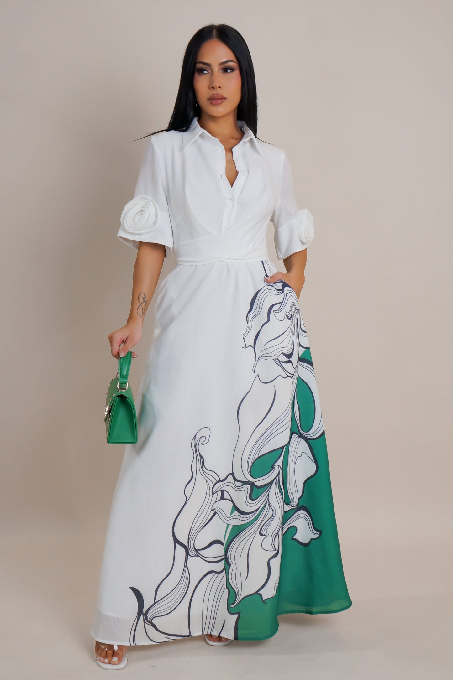 Island Vibe 3D Flower Sleeve Maxi Dress