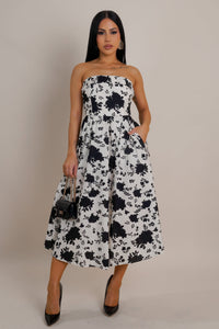 Black Floral on White Midi Dress