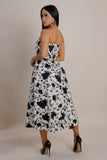 Black Floral on White Midi Dress