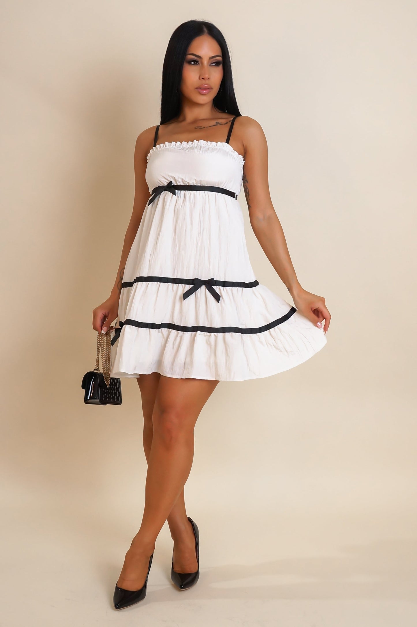 Black Ribboned Ivory Mini Dress
