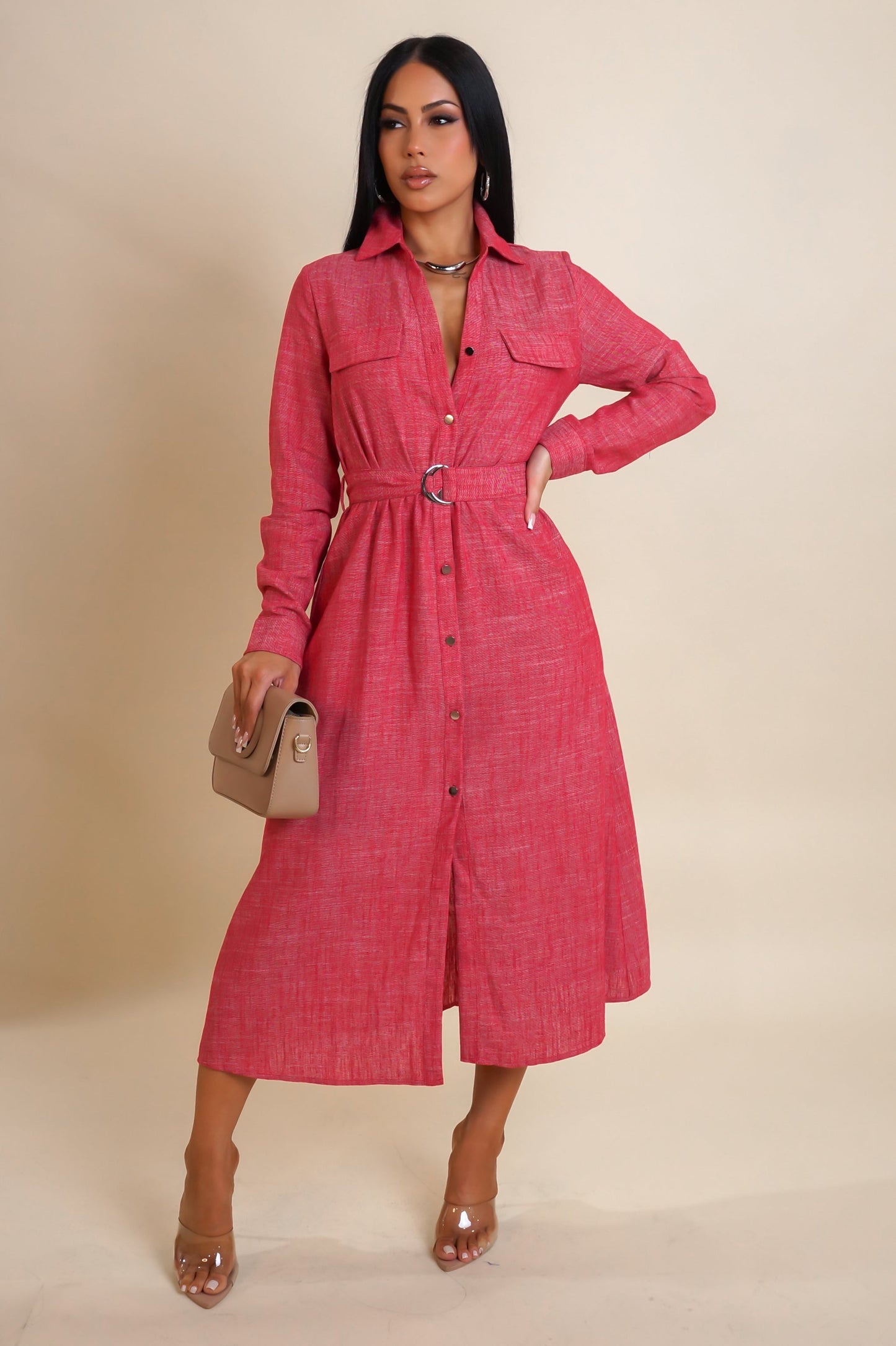 Linen Belted Long Sleeve Midi Dress- Red