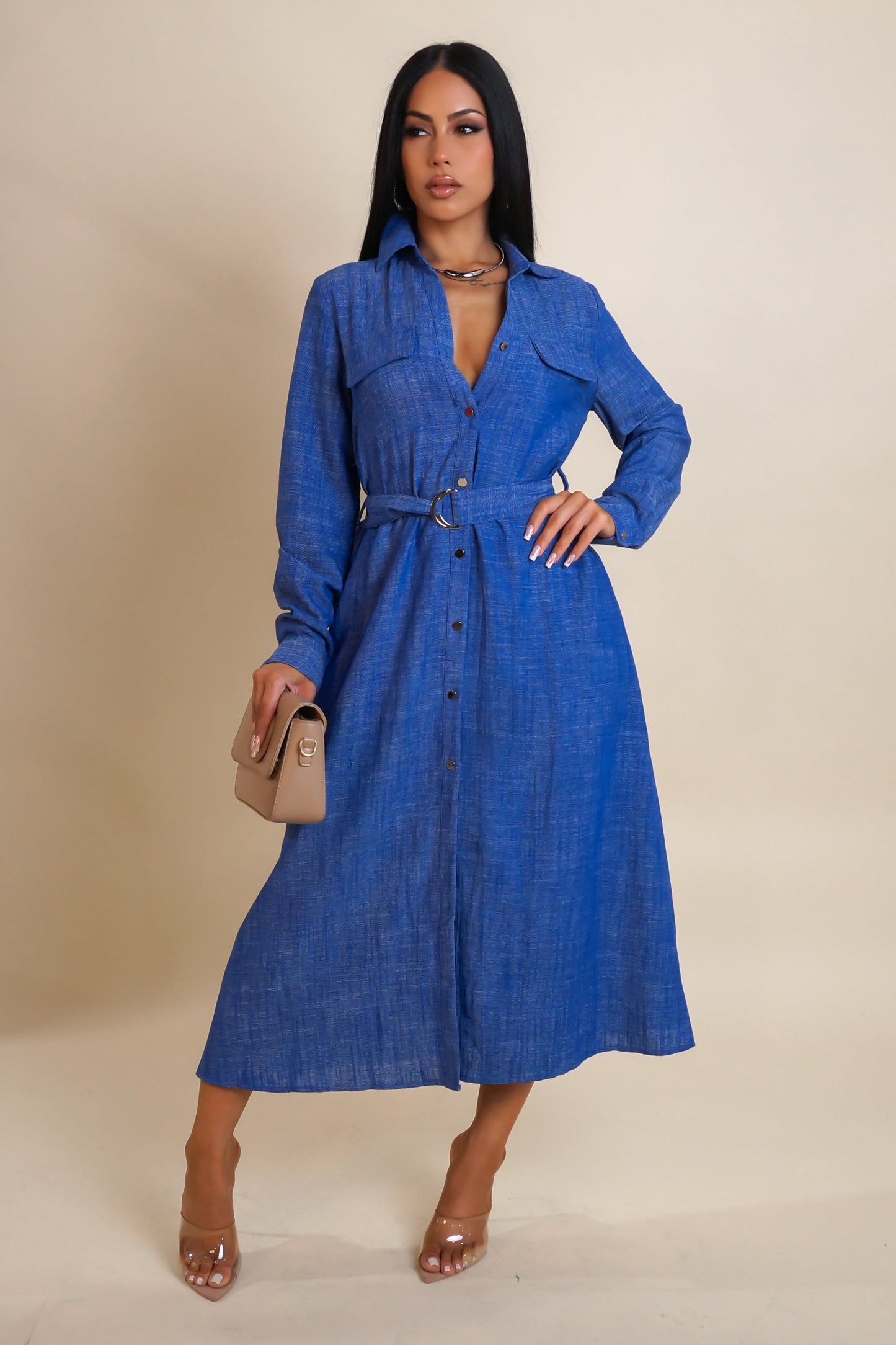 Linen Belted Long Sleeve Midi Dress- Blue