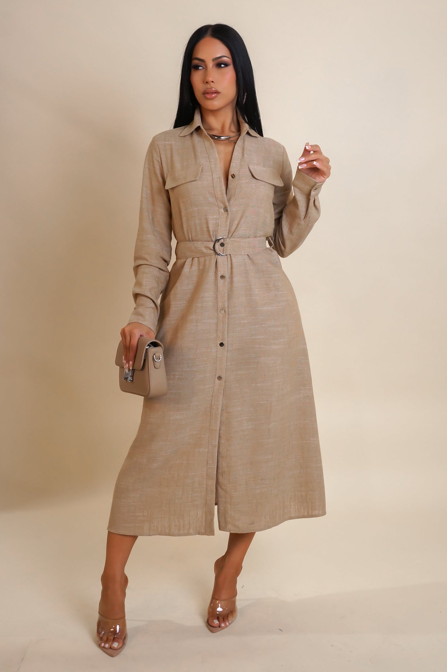 Linen Belted Long Sleeve Midi Dress-Taupe