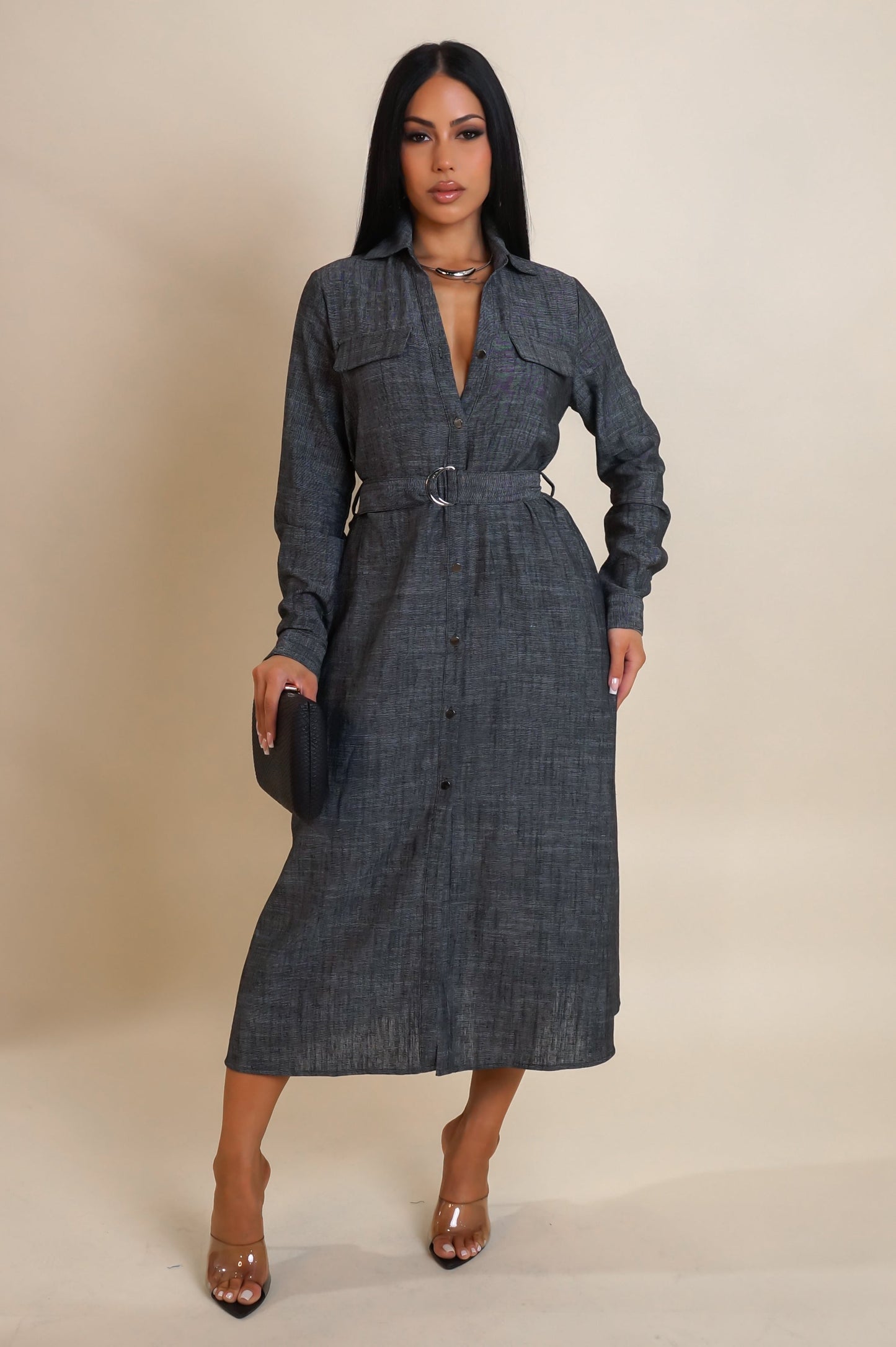 Linen Belted Long Sleeve Midi Dress- Black