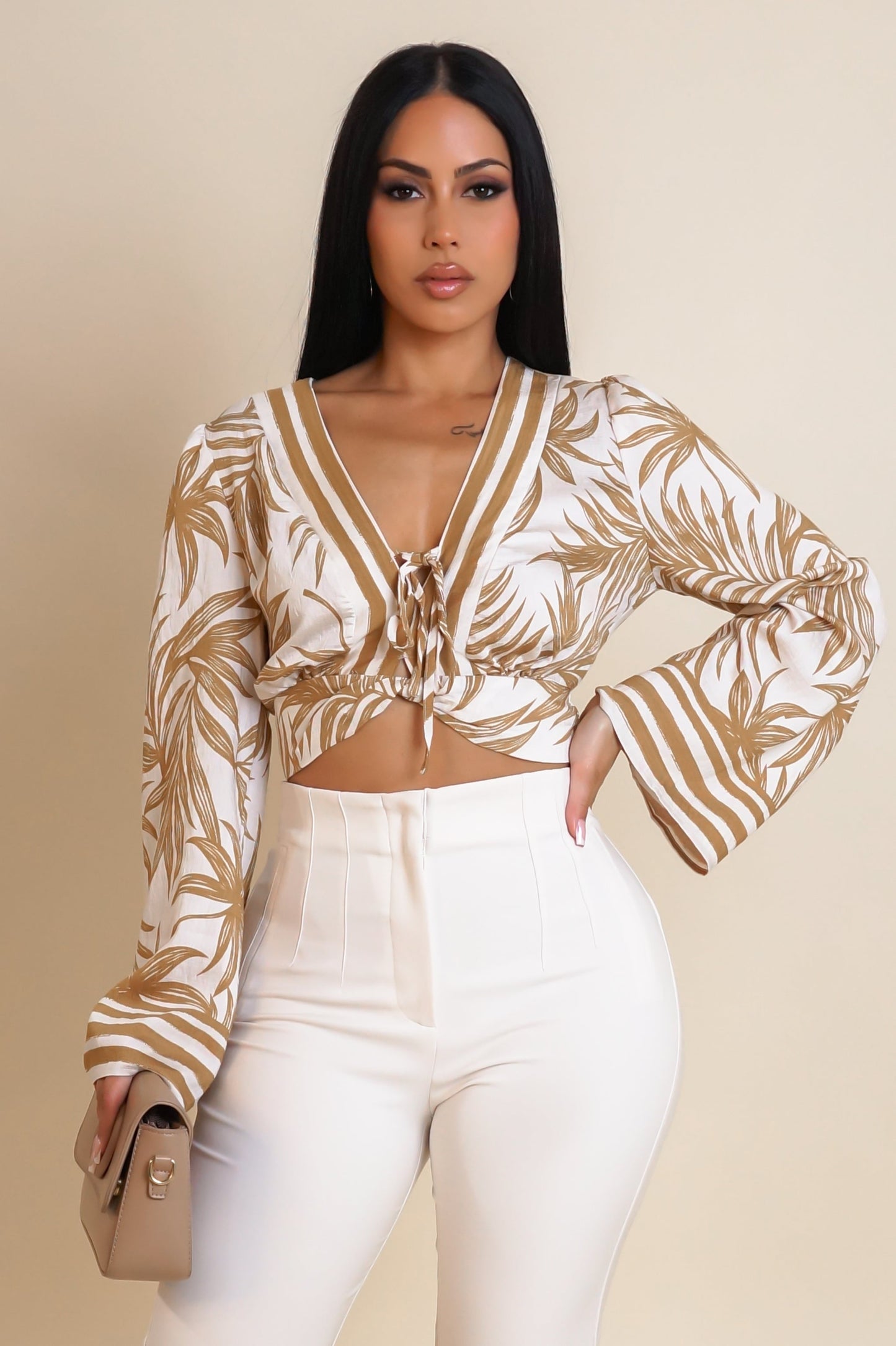 Brown Leaf Long Sleeve Cropped Top