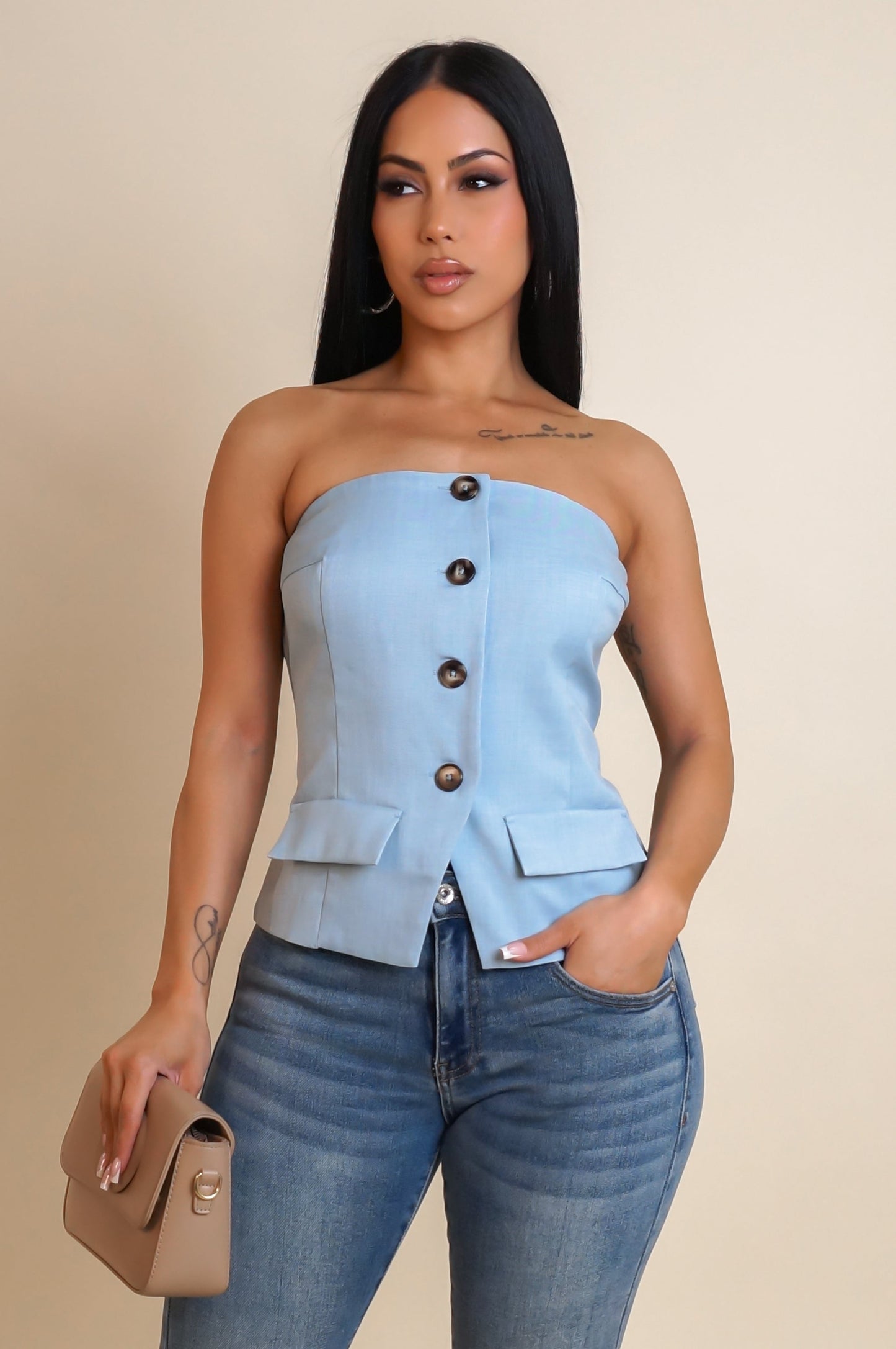 Sweetheart Buttoned Front Tube Cropped Blazer Top