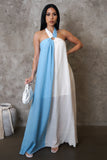 Blue & White Loose Halter Maxi Dress