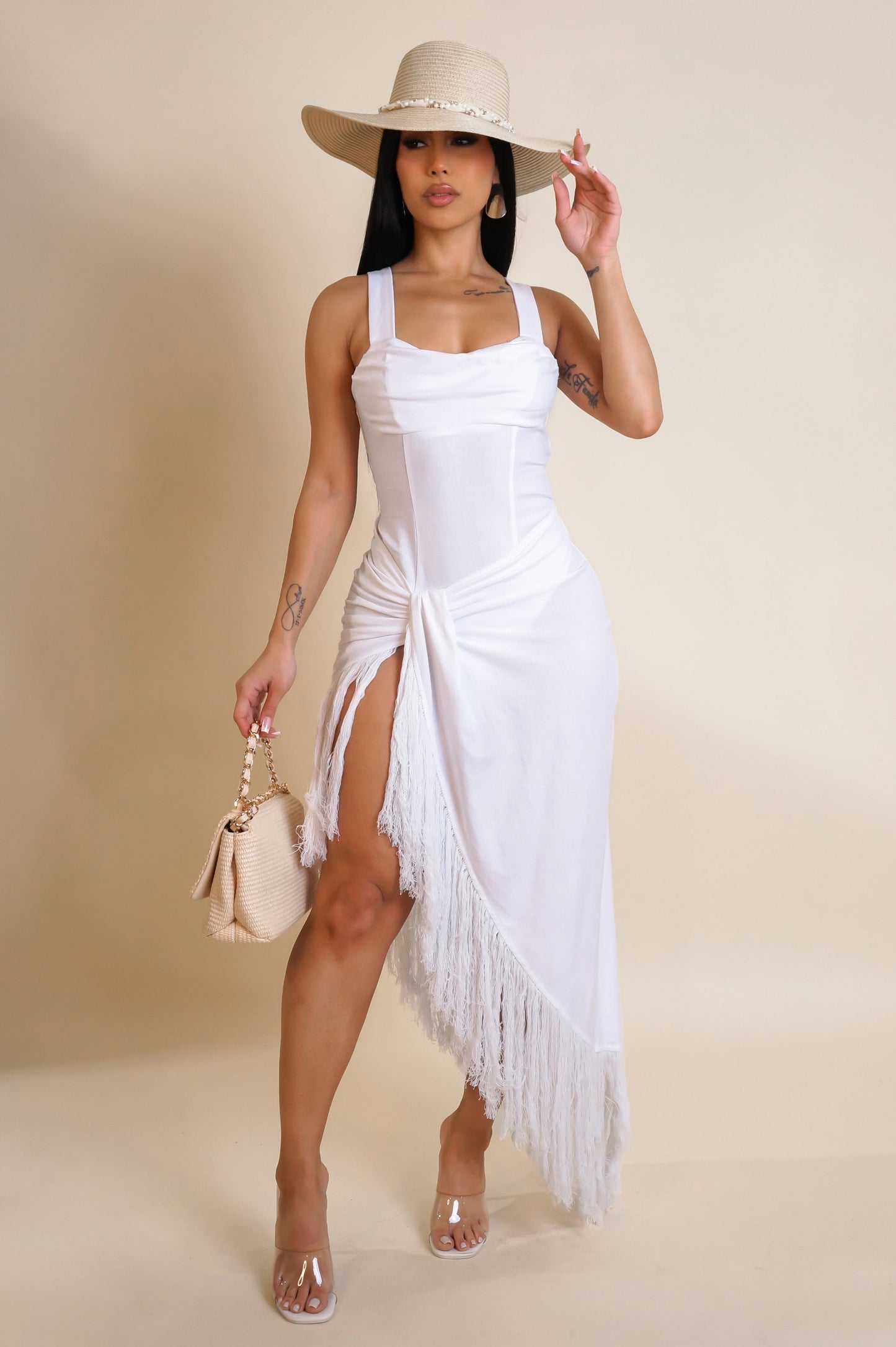 White Fringe Midi Beach Dress