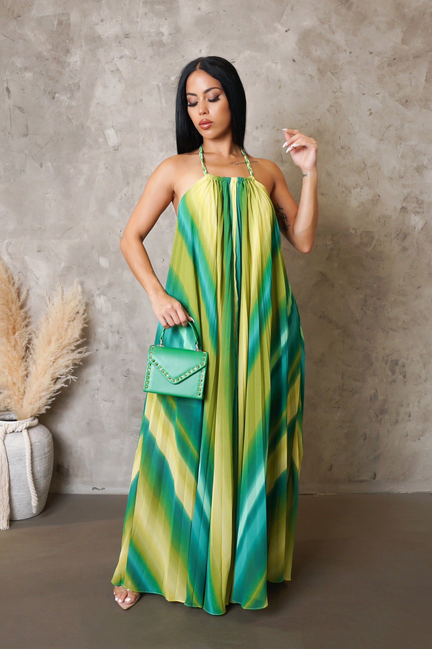 Multi Green Pleated Loose Maxi Dress