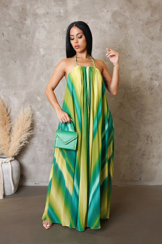 Multi Green Pleated Loose Maxi Dress