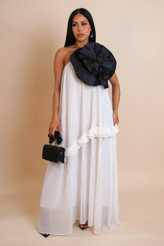 Black 3D Flower on White Maxi Dress