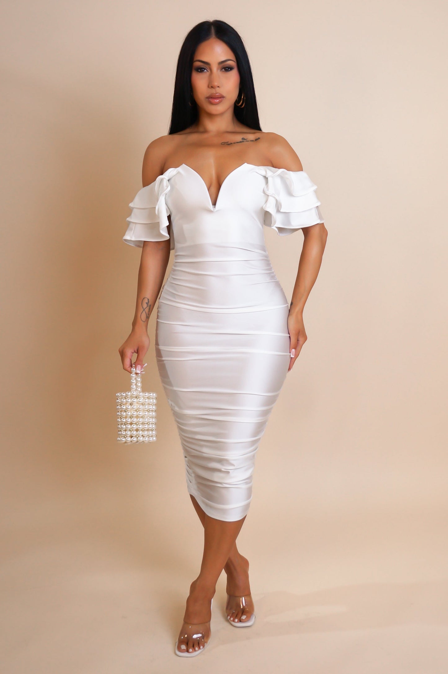 Muse Midi Ruched Dress- White