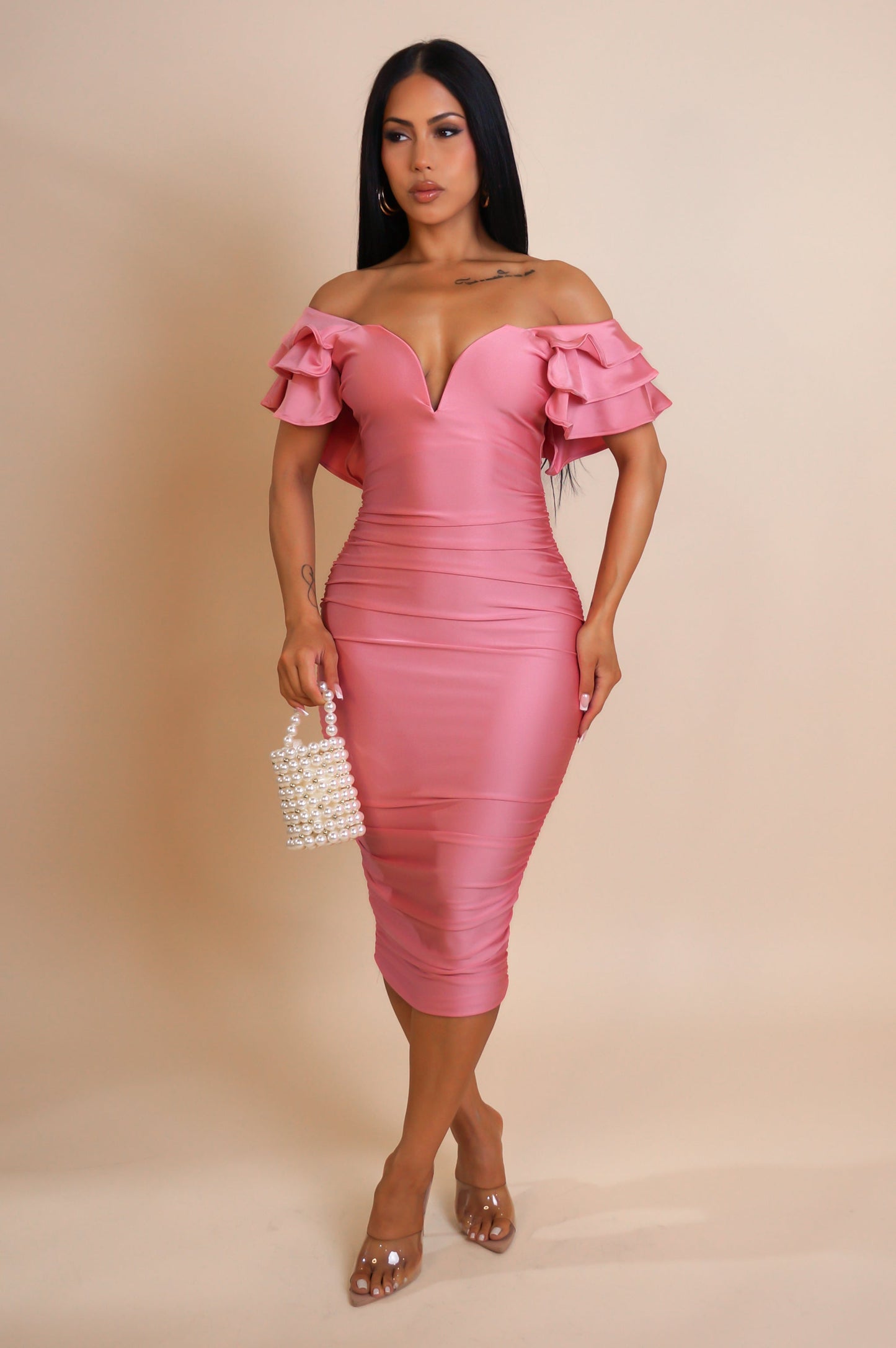 Muse Midi Ruched Dress- PInk