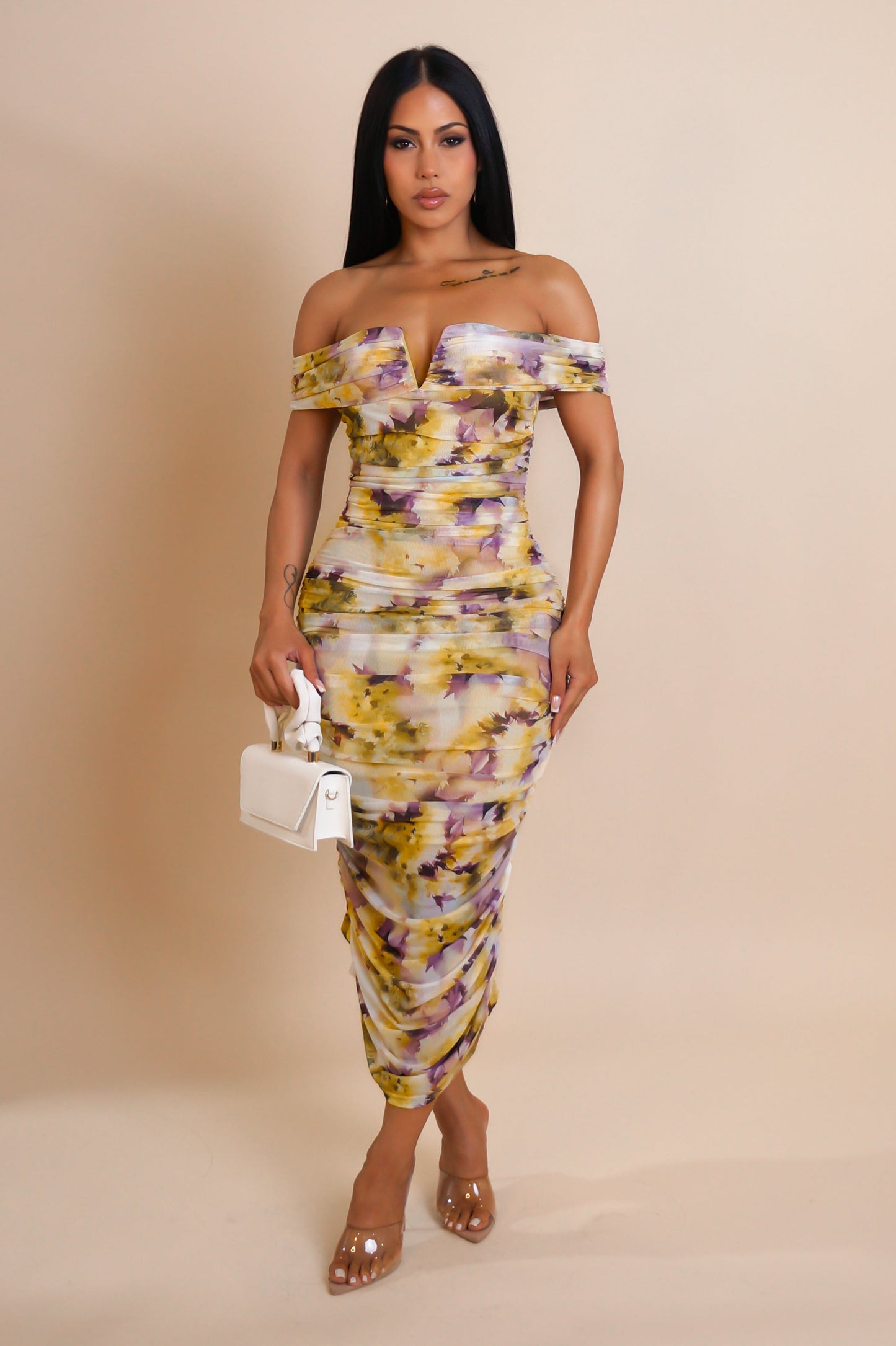 Flower Bounty Ruched Midi Dress