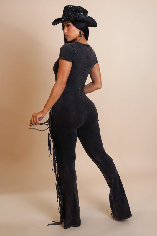 Black Mineral Wash Fringe Jumpsuit