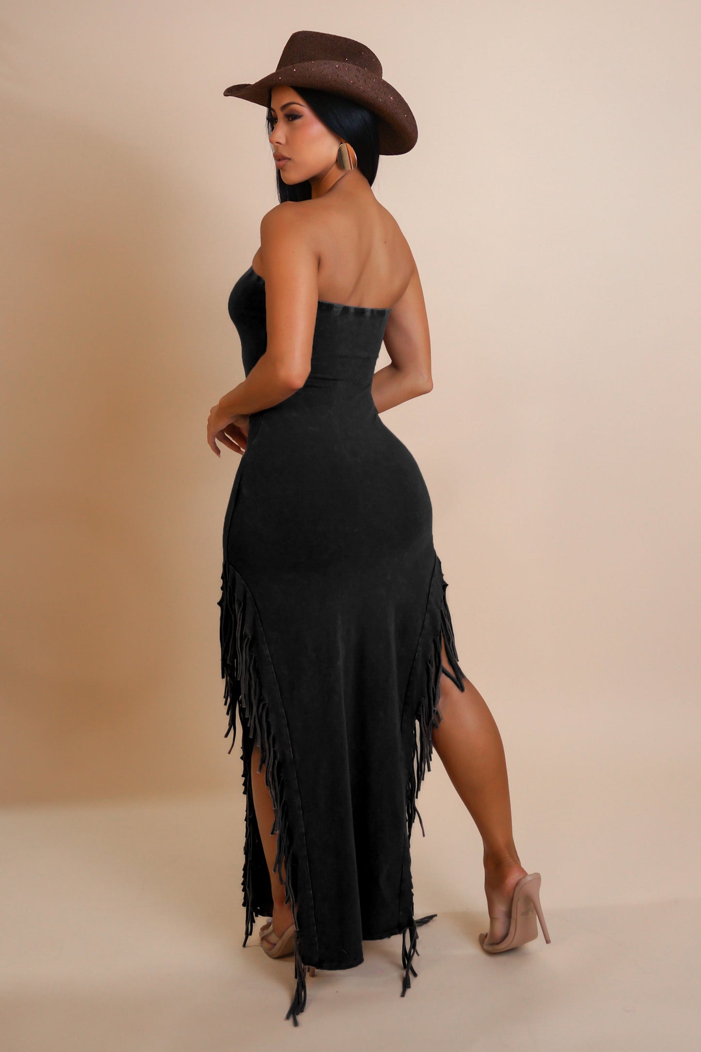 Cowboy Western Fringe Double Slit Tube Topped Maxi Dress
