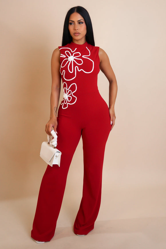 Contrast Flower Embroidered Jumpsuit- Red