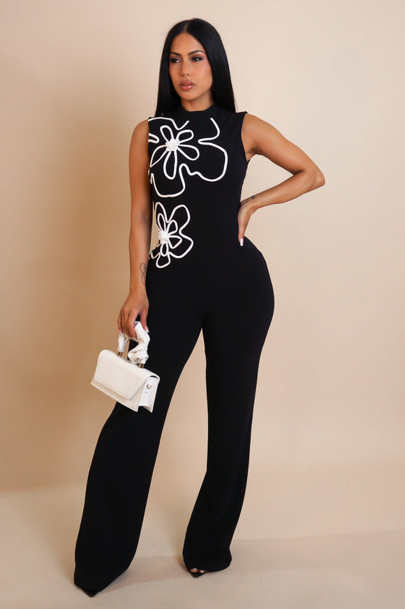 Contrast Flower Embroidered Jumpsuit- Black