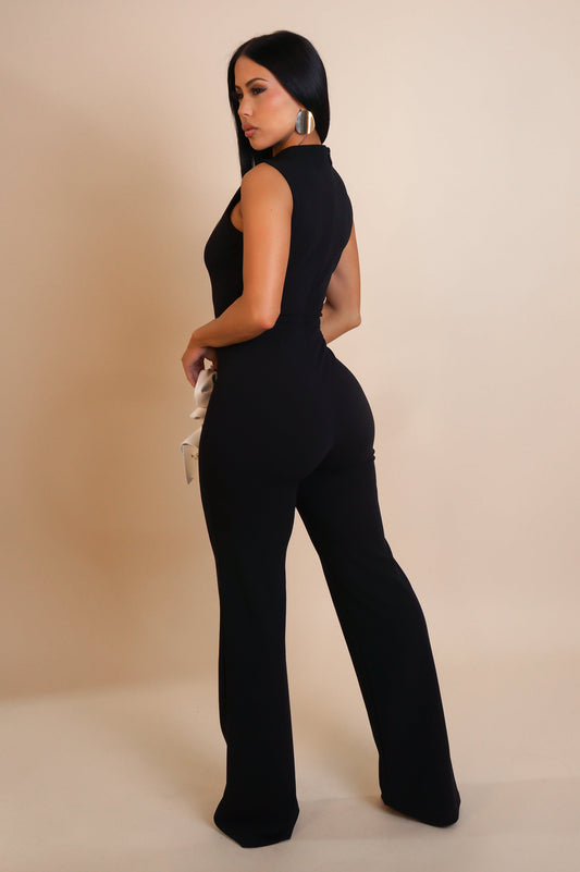Contrast Flower Embroidered Jumpsuit- Black