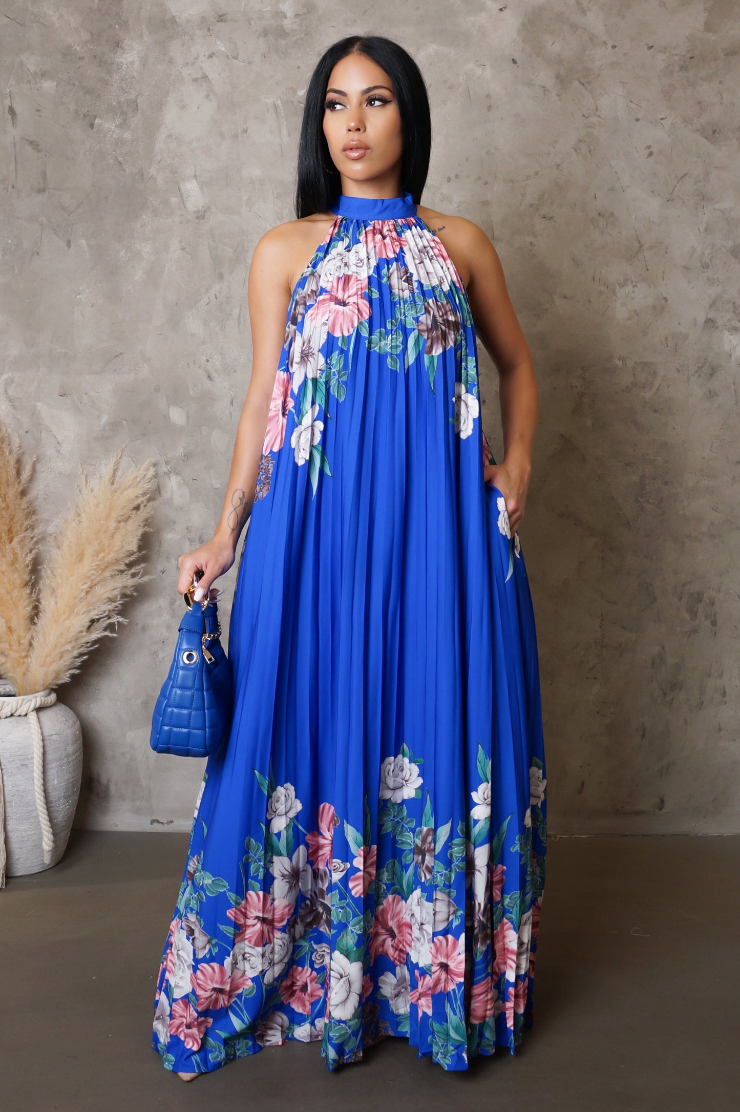Blue Pleated Loose Maxi Dress