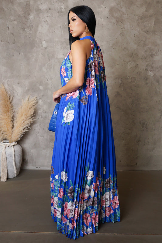 Blue Pleated Loose Maxi Dress