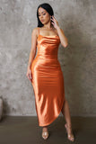 Orange Satin Side Slit Midi Dress
