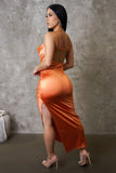 Orange Satin Side Slit Midi Dress