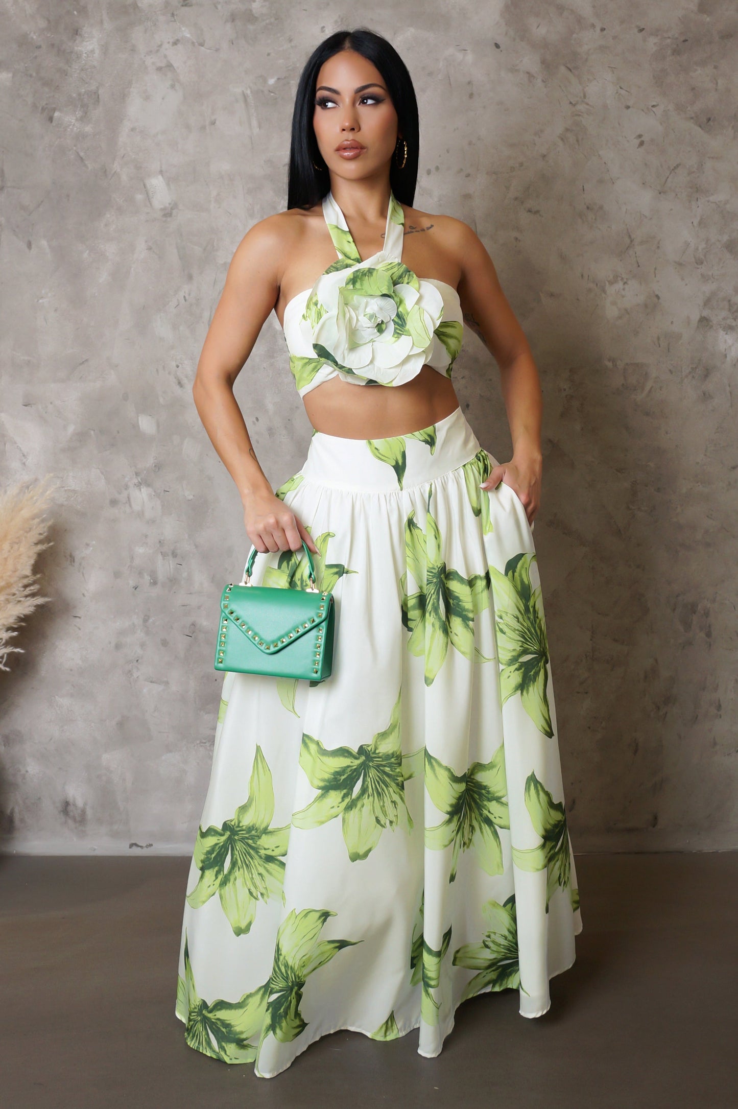 Floral 3D Flower Top & Maxi Skirt Set