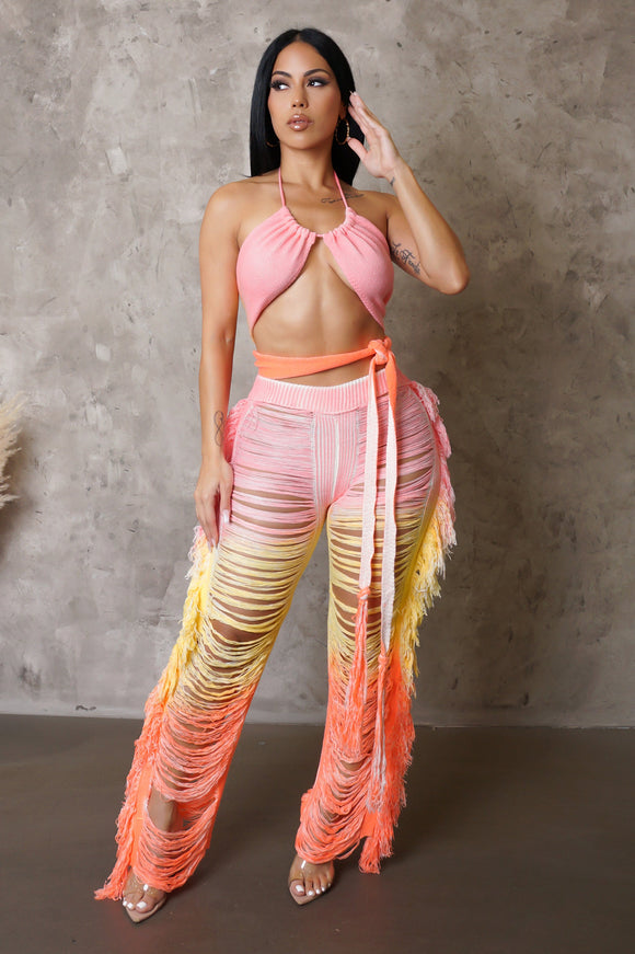 Cotton Candy Distressed Ripped Fringed  Beach Pants & Top Set