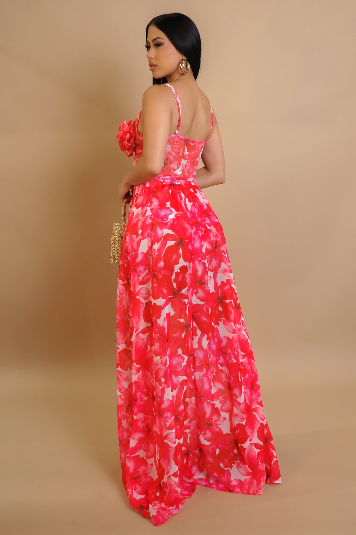 Valencia 3D Flower Bodysuit Top & Maxi Skirt Set