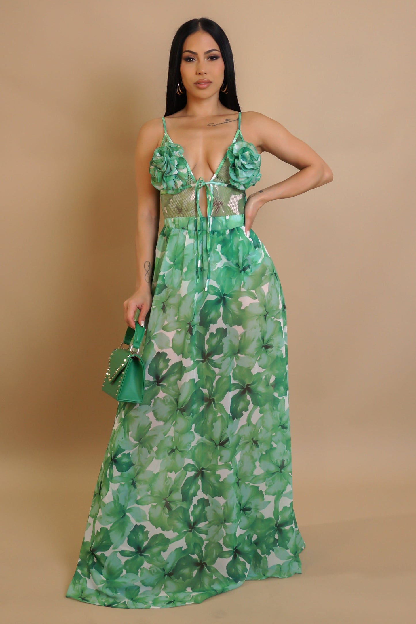 Valencia 3D Flower Bodysuit Top & Maxi Skirt Set