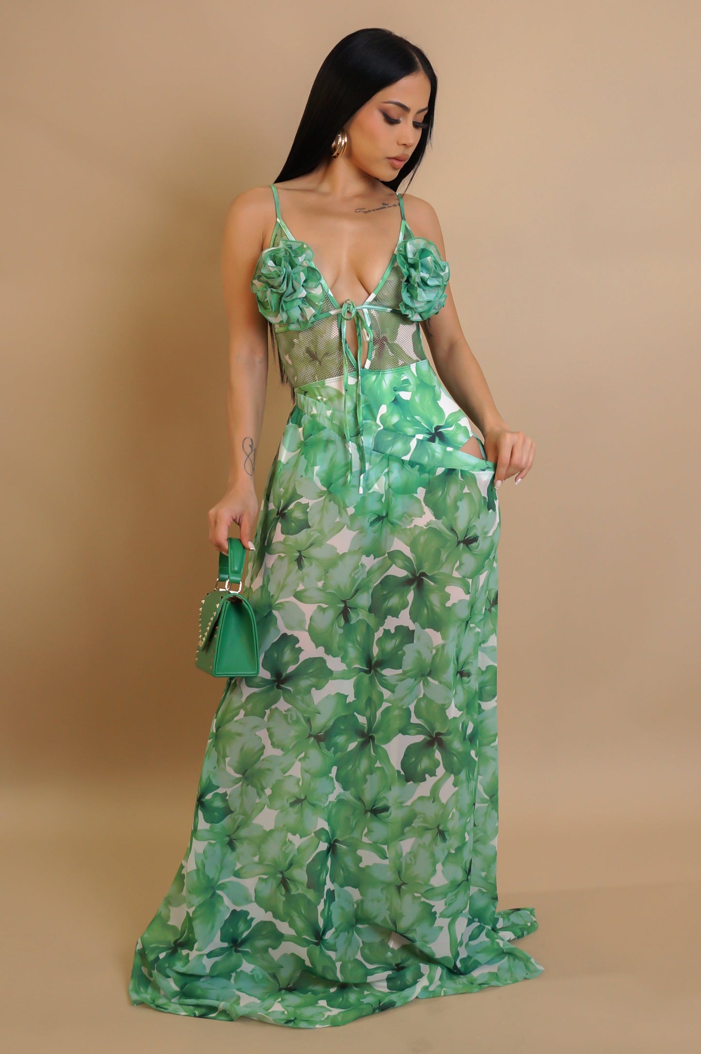 Valencia 3D Flower Bodysuit Top & Maxi Skirt Set