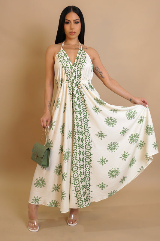 Ivory & Green Midi Halter Neck Open Back Dress