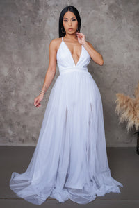 Convertible Tulle Plunge Bottom Mesh White Maxi Dress