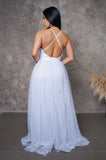 Convertible Tulle Plunge Bottom Mesh White Maxi Dress