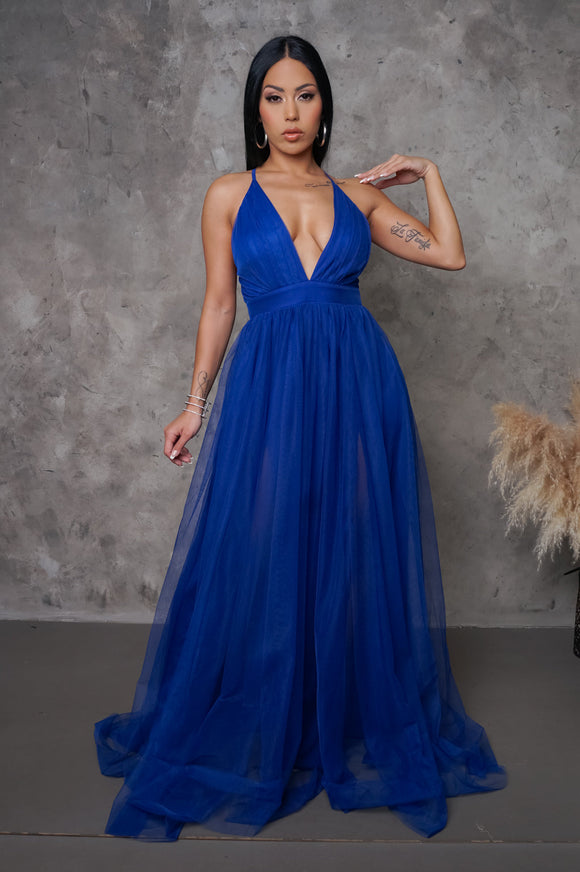 Convertible Tulle Plunge Bottom Mesh Blue Maxi Dress