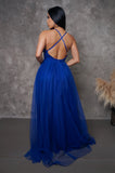 Convertible Tulle Plunge Bottom Mesh Blue Maxi Dress