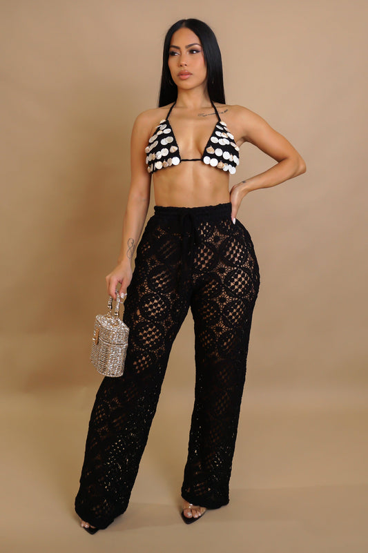 Resort Crochet & Shells Pants Set- Black