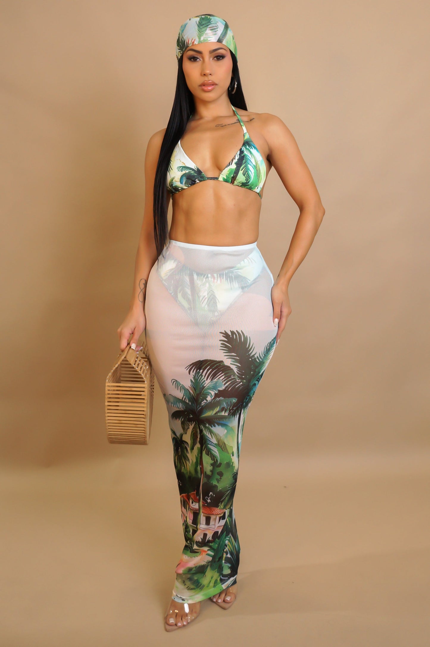 Fine Wine Bikini & Maxi Skirt Coverup Swimwear Set- Green