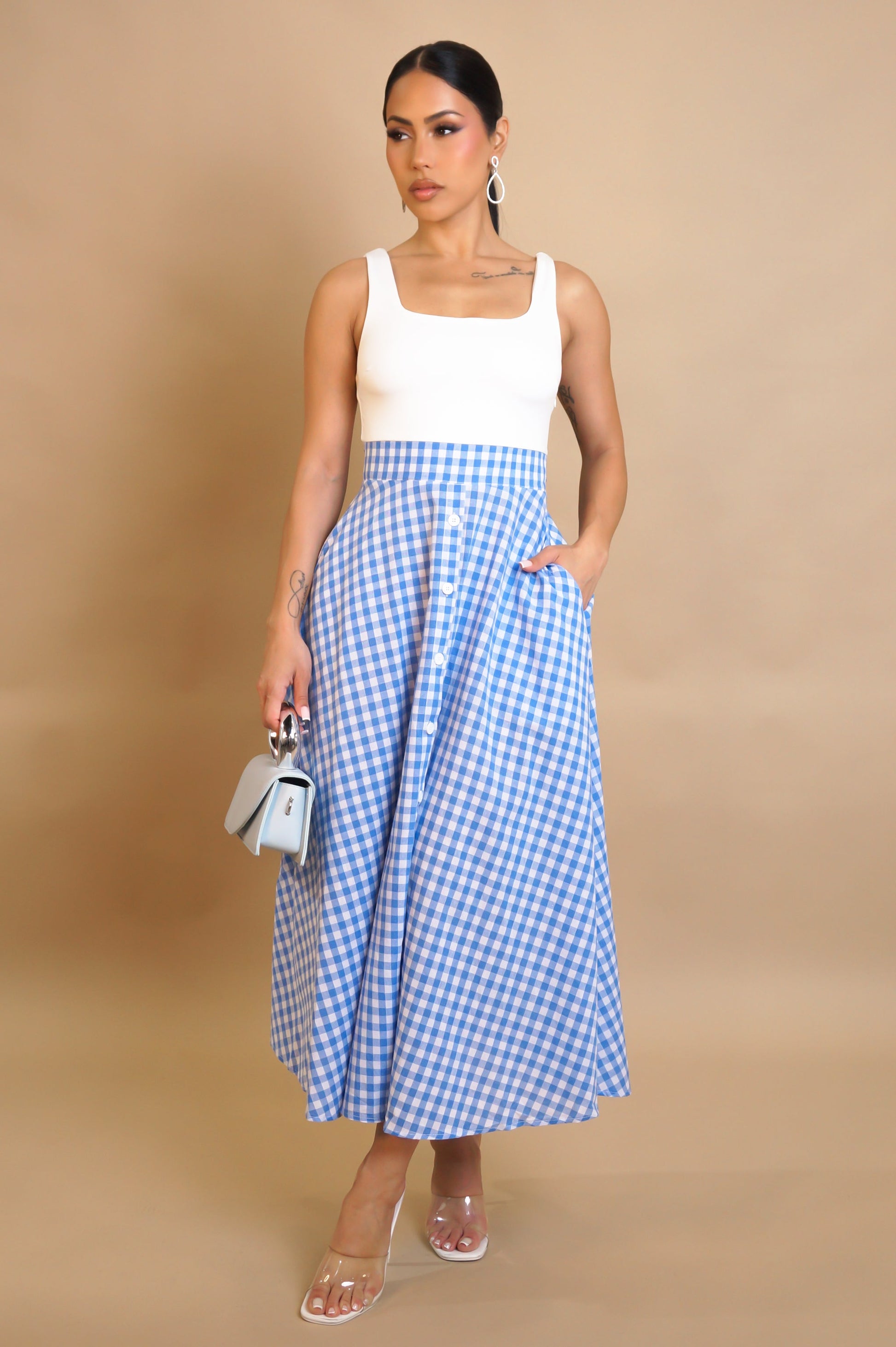Vintage Look White & Plaid Flare Midi Dress- Red or Blue S&E Retail Expo Vintage Look White & Plaid Flare Midi Dress- Red or Blue S&E Retail Expo