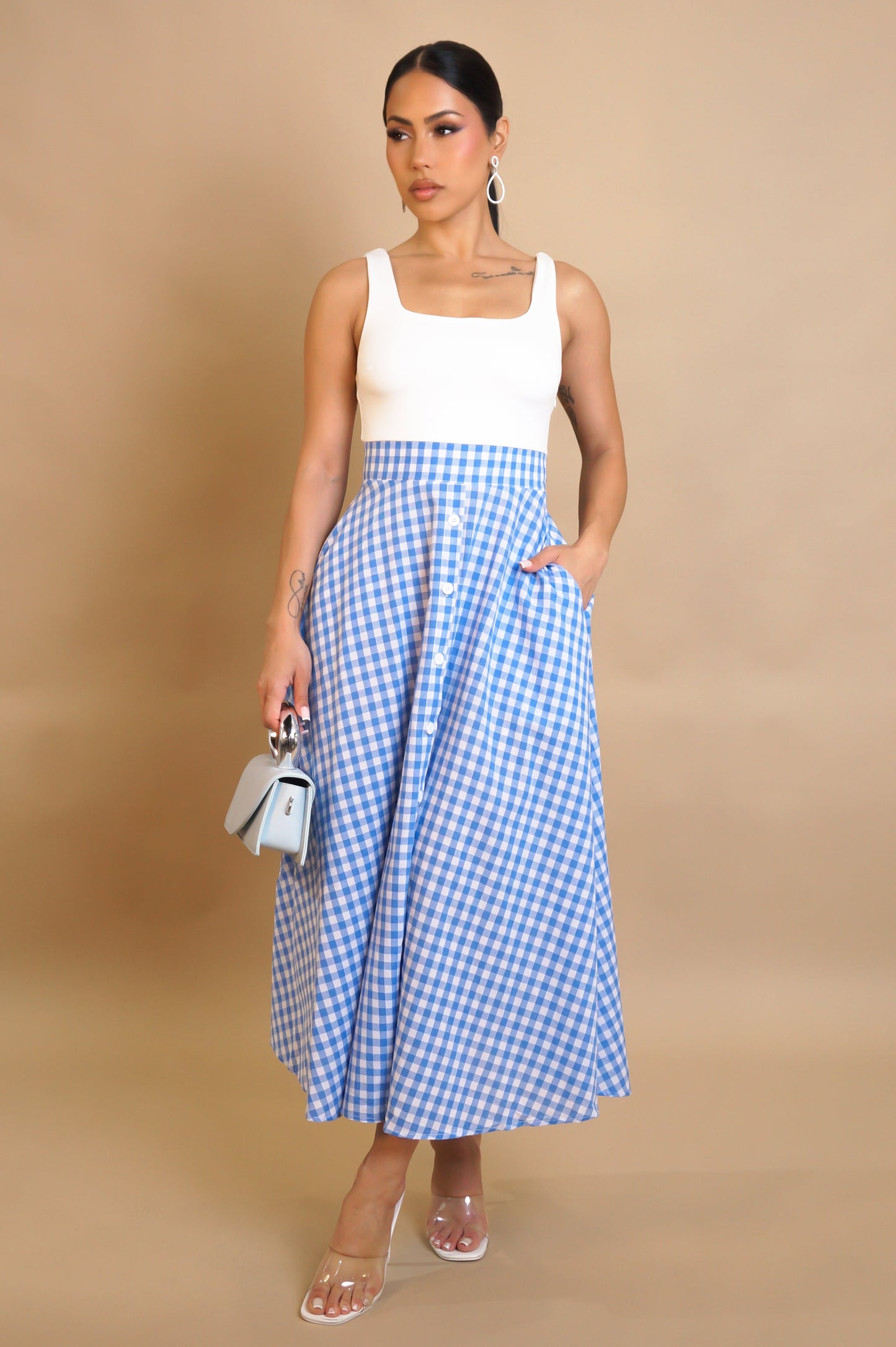 Vintage Look White & Plaid Flare Midi Dress- Red or Blue