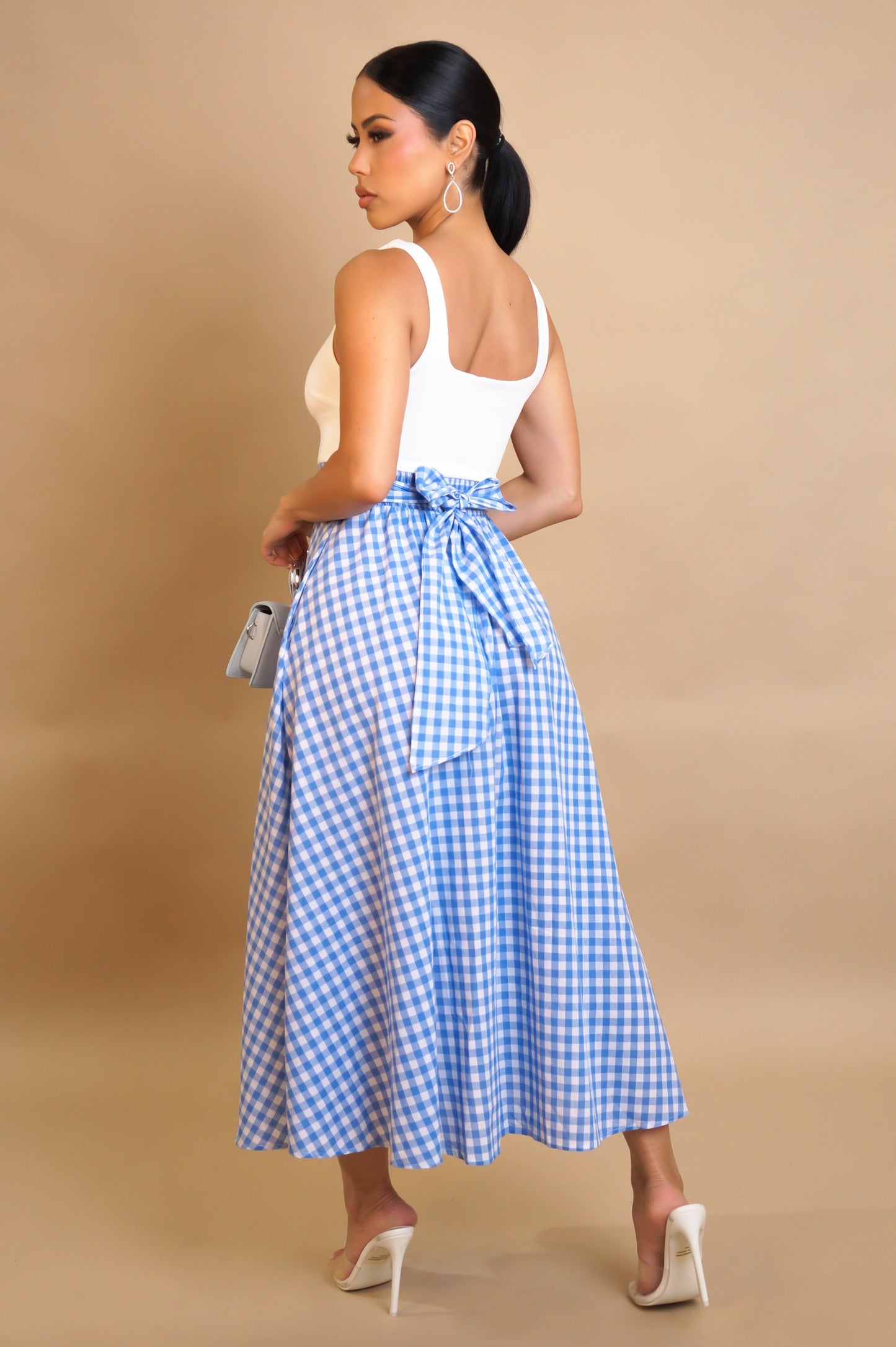 Vintage Look White & Plaid Flare Midi Dress- Red or Blue