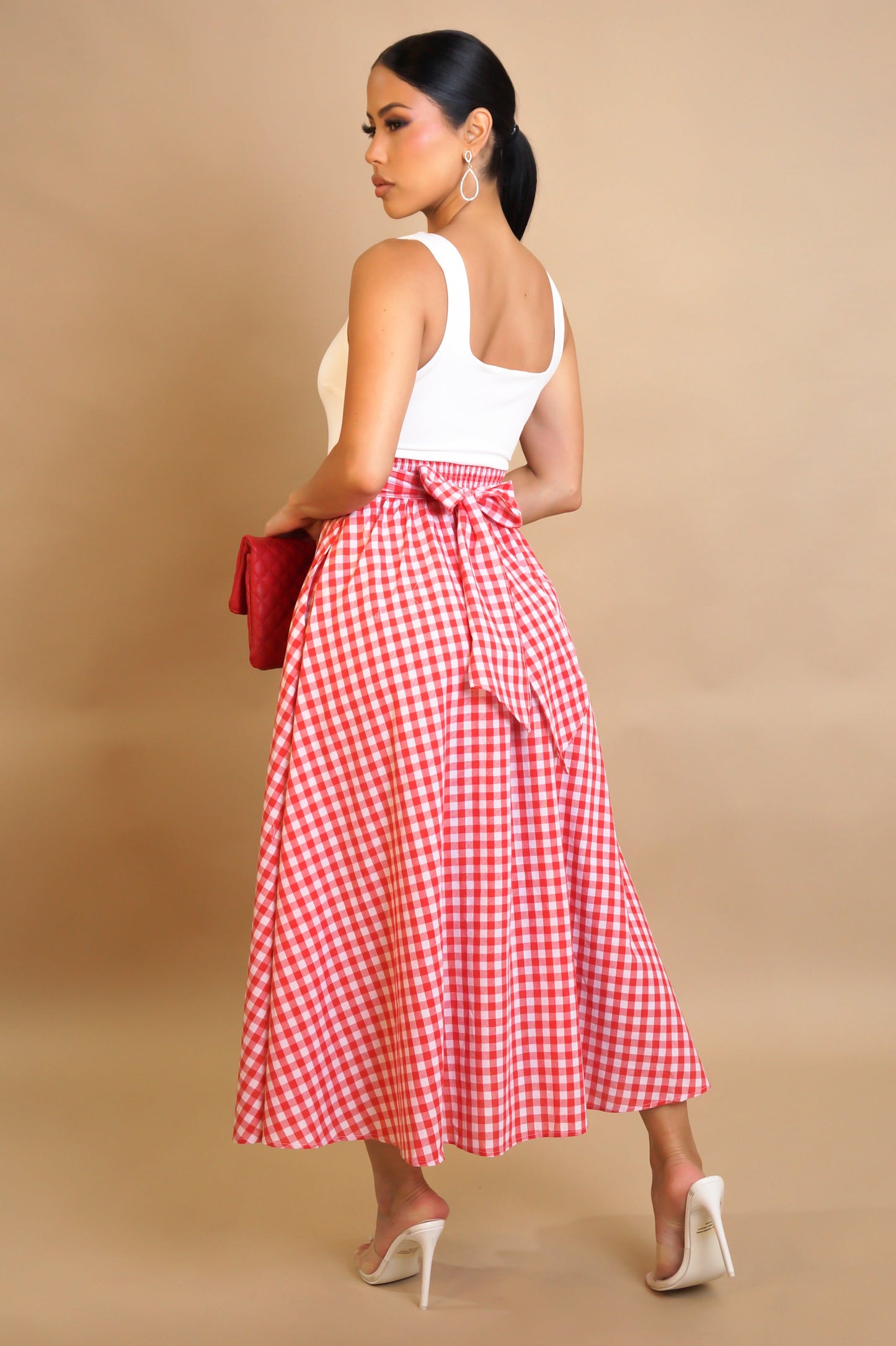 Vintage Look White & Plaid Flare Midi Dress- Red or Blue