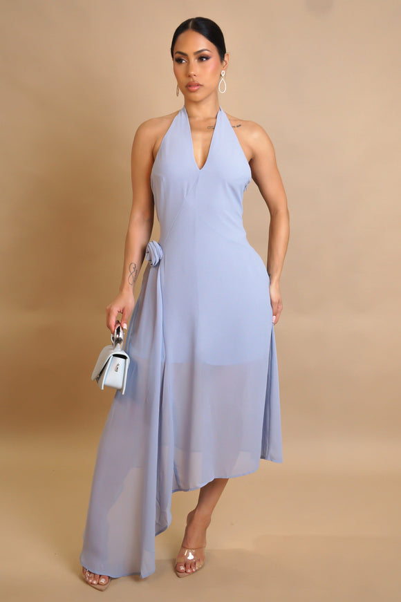 Single Rose Halter Chiffon Dress- Blue