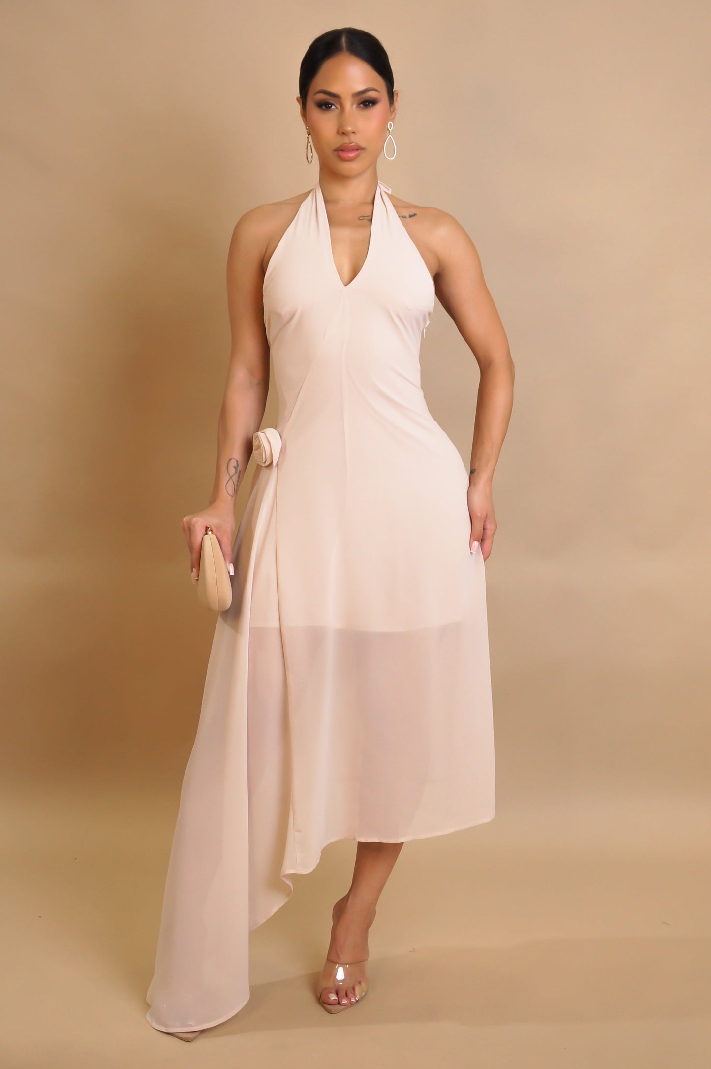 Single Rose Halter Chiffon Dress- Nude