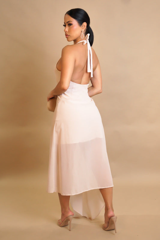 Single Rose Halter Chiffon Dress- Nude