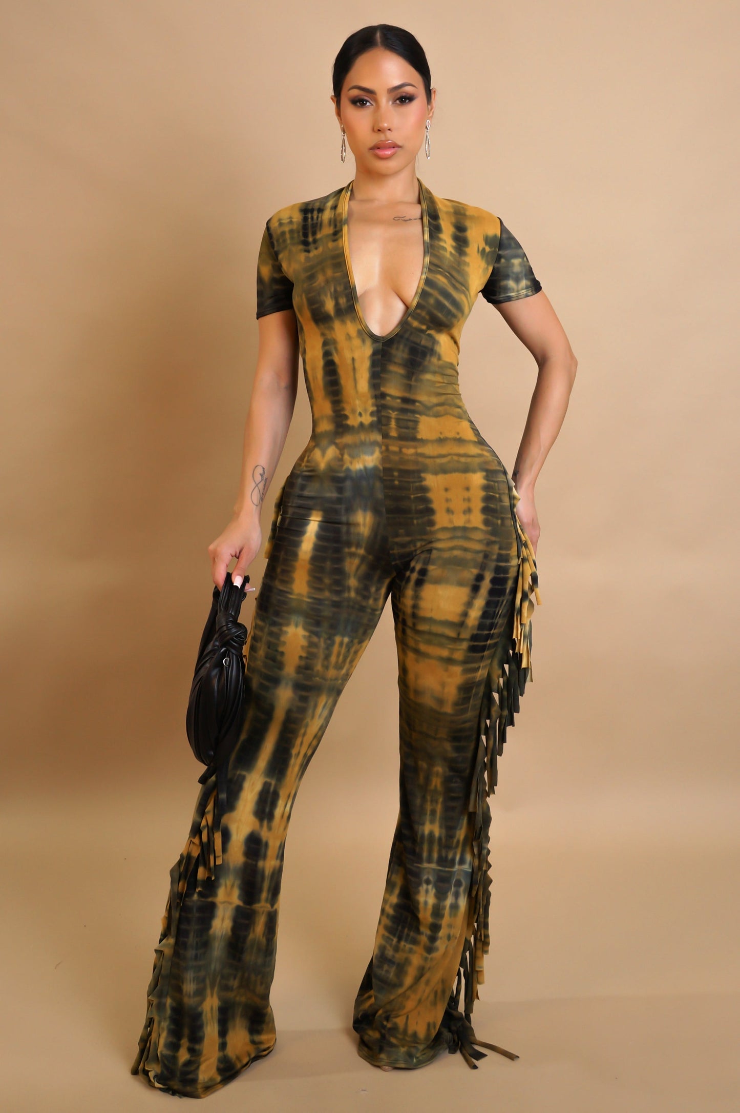 Yellow/Black Tie Dye Fringe Jumpsuit