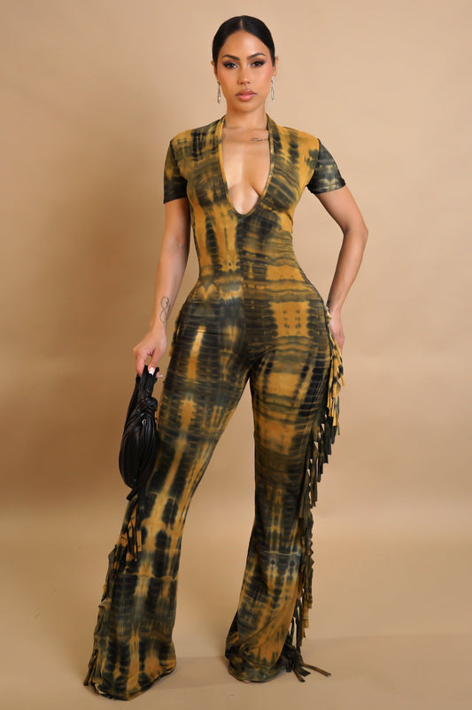 Yellow/Black Tie Dye Fringe Jumpsuit