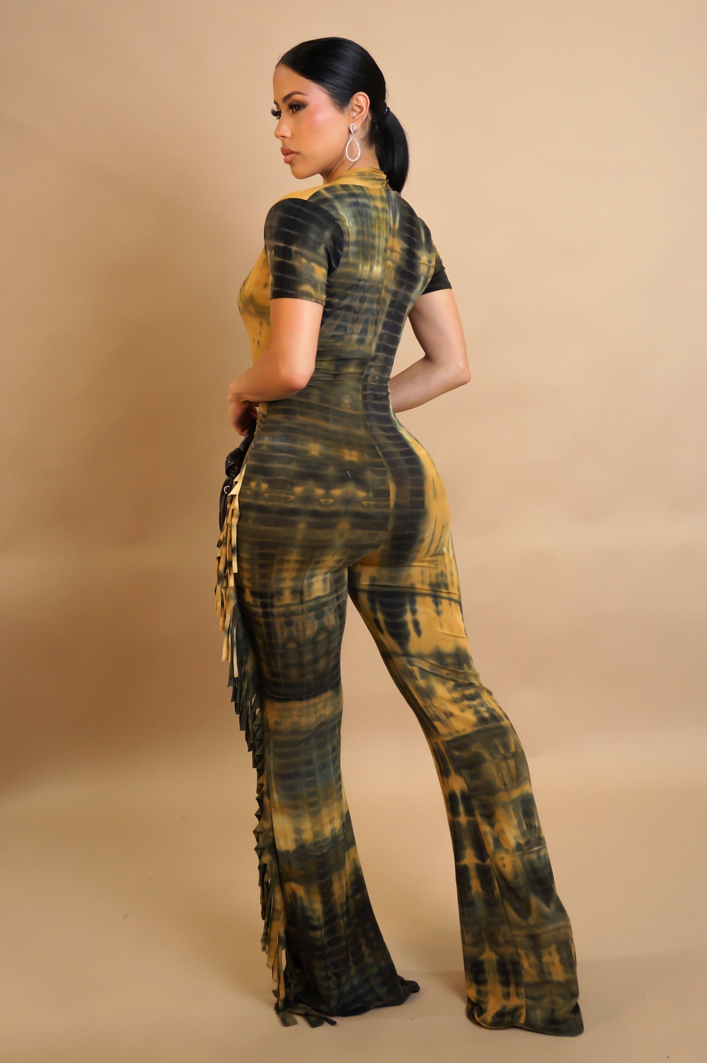 Yellow/Black Tie Dye Fringe Jumpsuit
