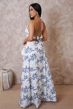 Blue Flower & White Maxi Slit Skirt & Cropped Top Set